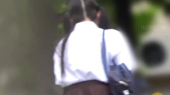 EE-793 02 Sudden urination urge on the way to school: schoolgirls rushing to the toilet with pre-pee drips.